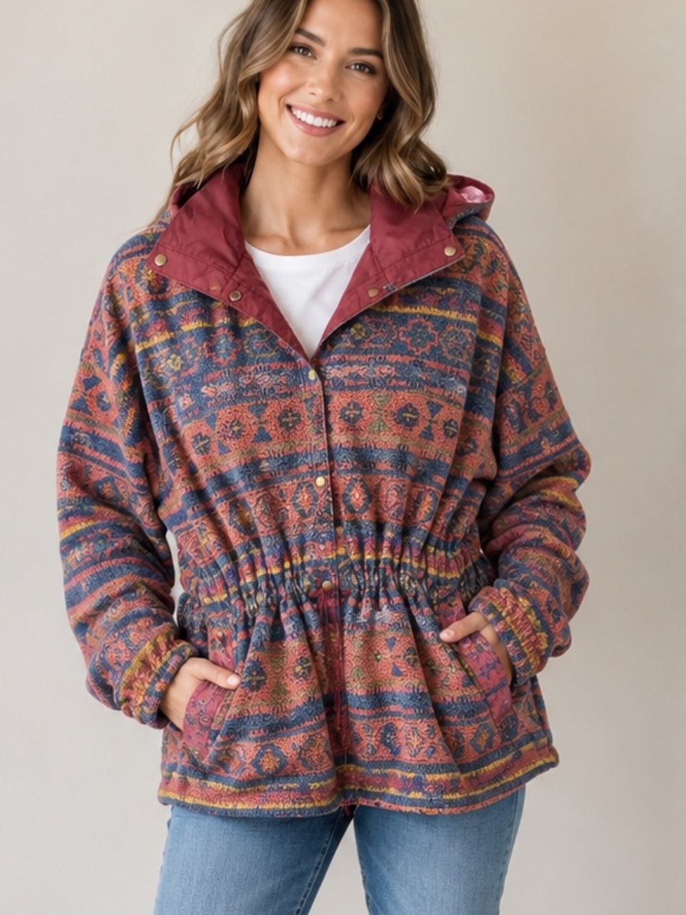 Vintage 90s Reversible Womens Jacket Windbreaker Fleece large maroon